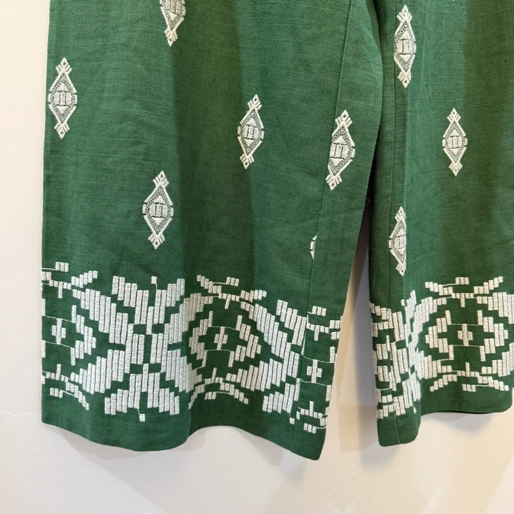ZARA Linen embroidered green wide leg cropped Coolots